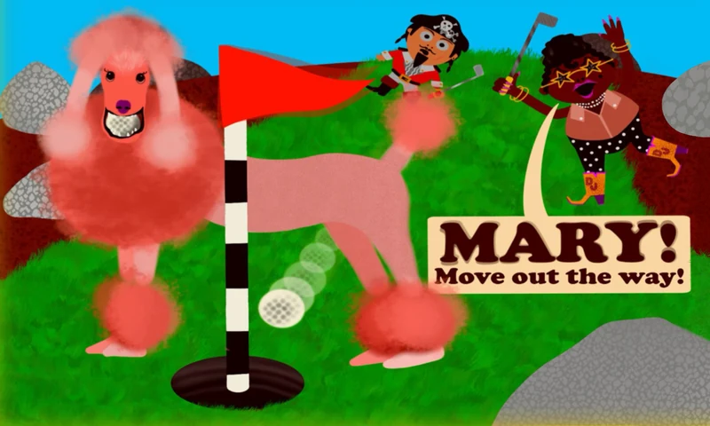 Mary the pink poodle wandering through the pirate-golf scene